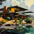 A mid-century modern style painting of a smart home No 1