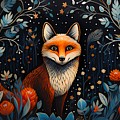 A Scandinavian folk art depiction of a curious fox in a winter forest No 3