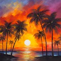 Color beach painting with palm trees using warm hues to convey the beauty of sunrise No3